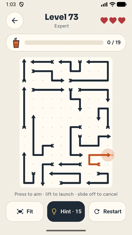 An Expert board with one arrow highlighted by a hint and its exit path dashed